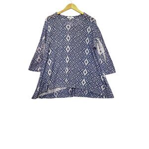 Jess‎ & Jane Tunic Sweater Hi Low Size Large Lagenlook Gray Blue Geometric USA